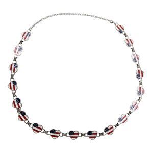 Vtg Americana USA Flag Heart Link Chain Belt Enamel Patriotic Silver Tone Womens